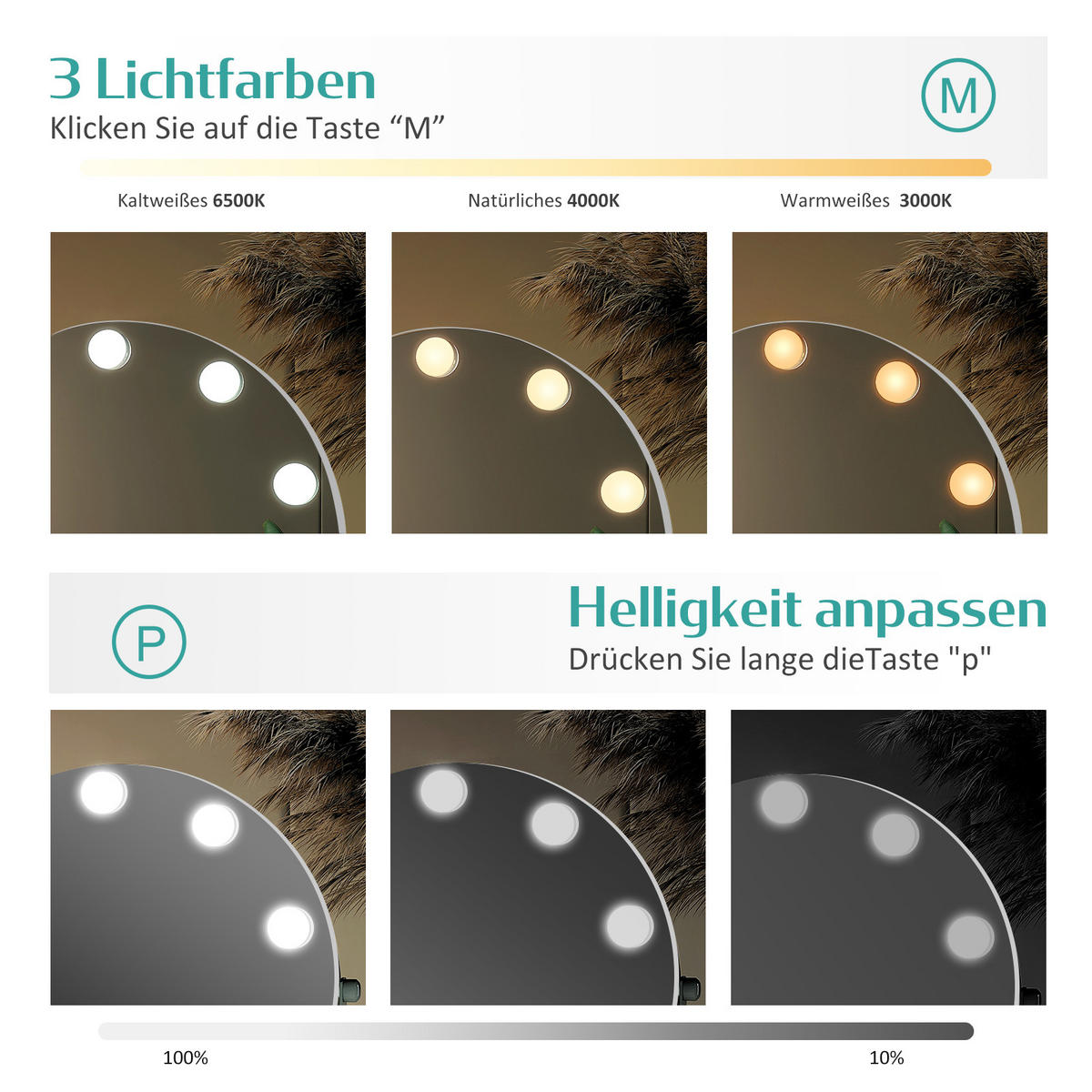 KOSMETIKSPIEGEL Runder mit Beleuchtung, Weiß, ф50 cm - Weiß, Glas (50/6/50cm) - EMKE