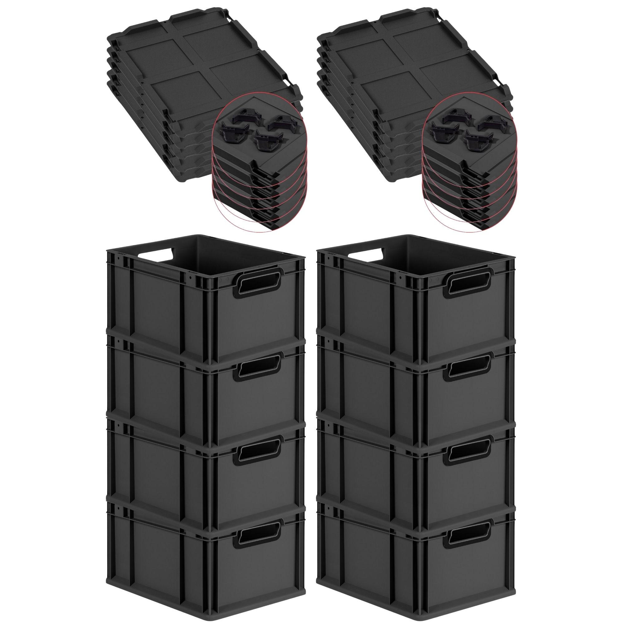 EUROBOX 8x NextGen Color mit Auflagedeckel 22x30x40 cm 20 Liter Schwarz Griffe schwarz offen - Anthrazit/Schwarz, Kunststoff (30/22/40cm) - PROREGAL