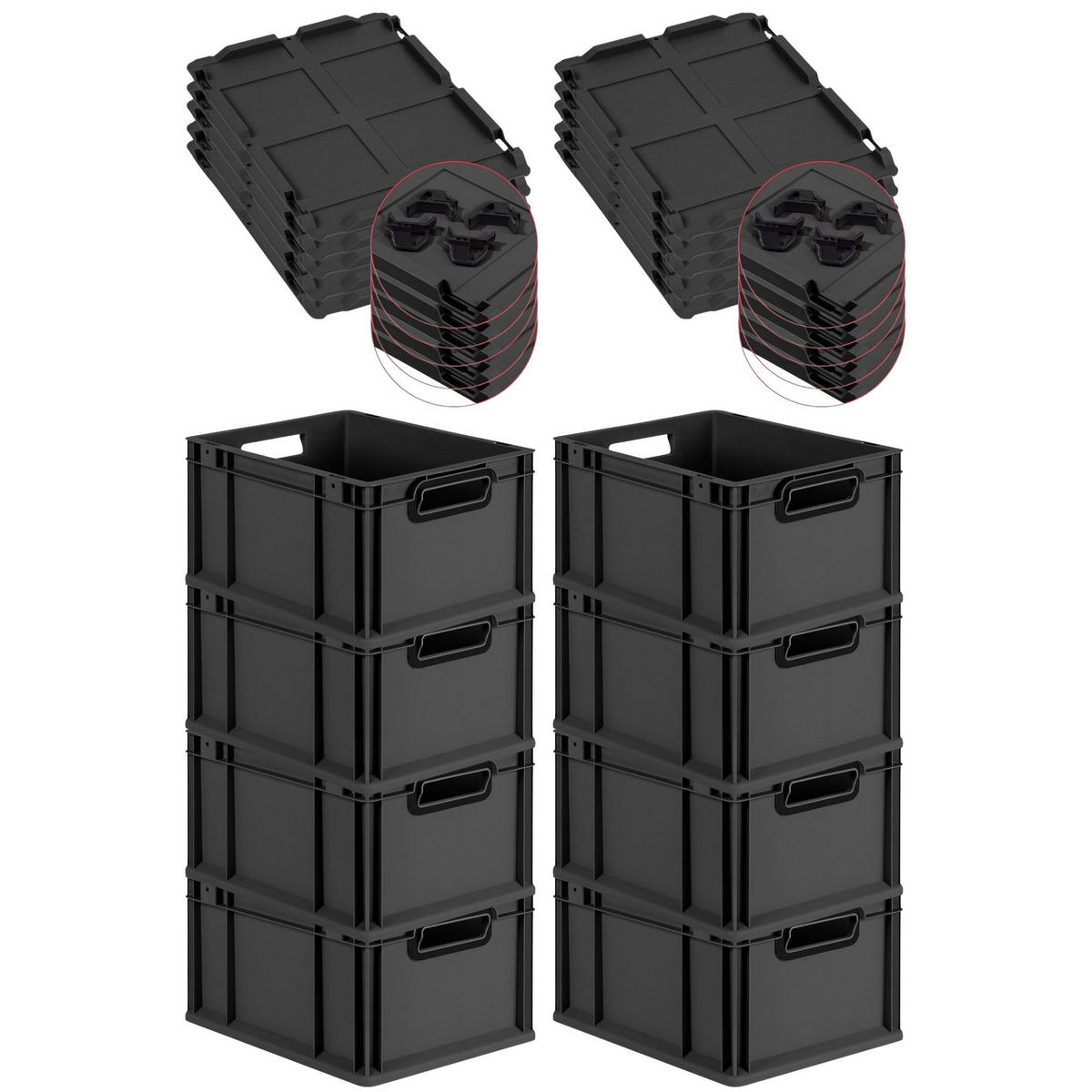 EUROBOX 8x NextGen Color mit Auflagedeckel 22x30x40 cm 20 Liter Schwarz Griffe schwarz offen - Anthrazit/Schwarz, Kunststoff (30/22/40cm) - PROREGAL