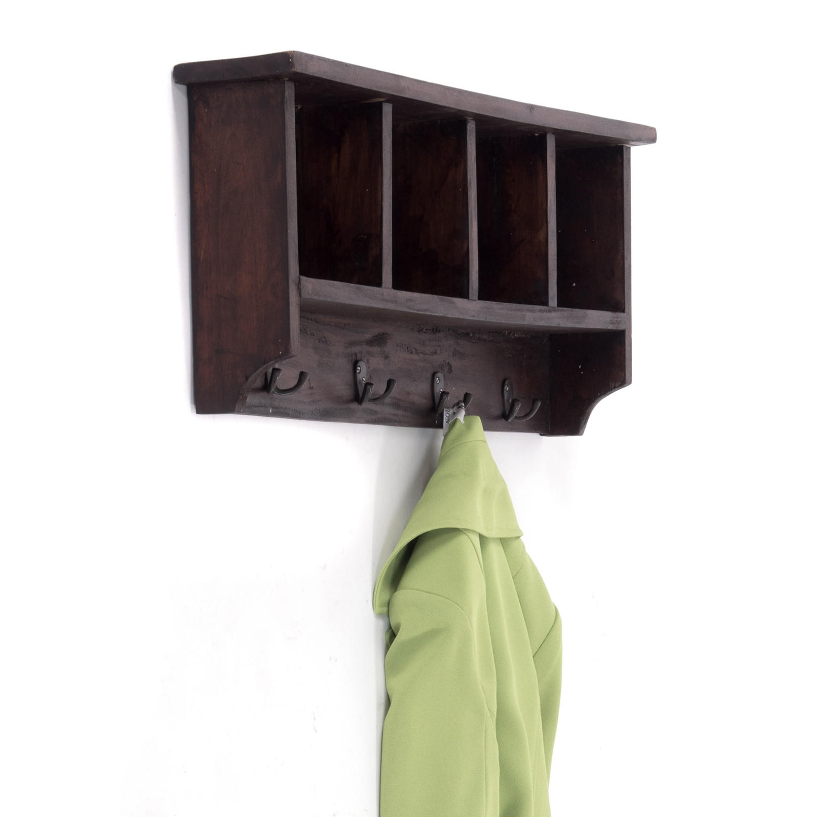 WANDGARDEROBE VINTAGE 70 Recyclingholz massiv, 4 Doppelhaken, 4 Fächer, Ablage 03 dunkelbraun - Dunkelbraun, Holz (70/27/11cm) - DESIGN DELIGHTS