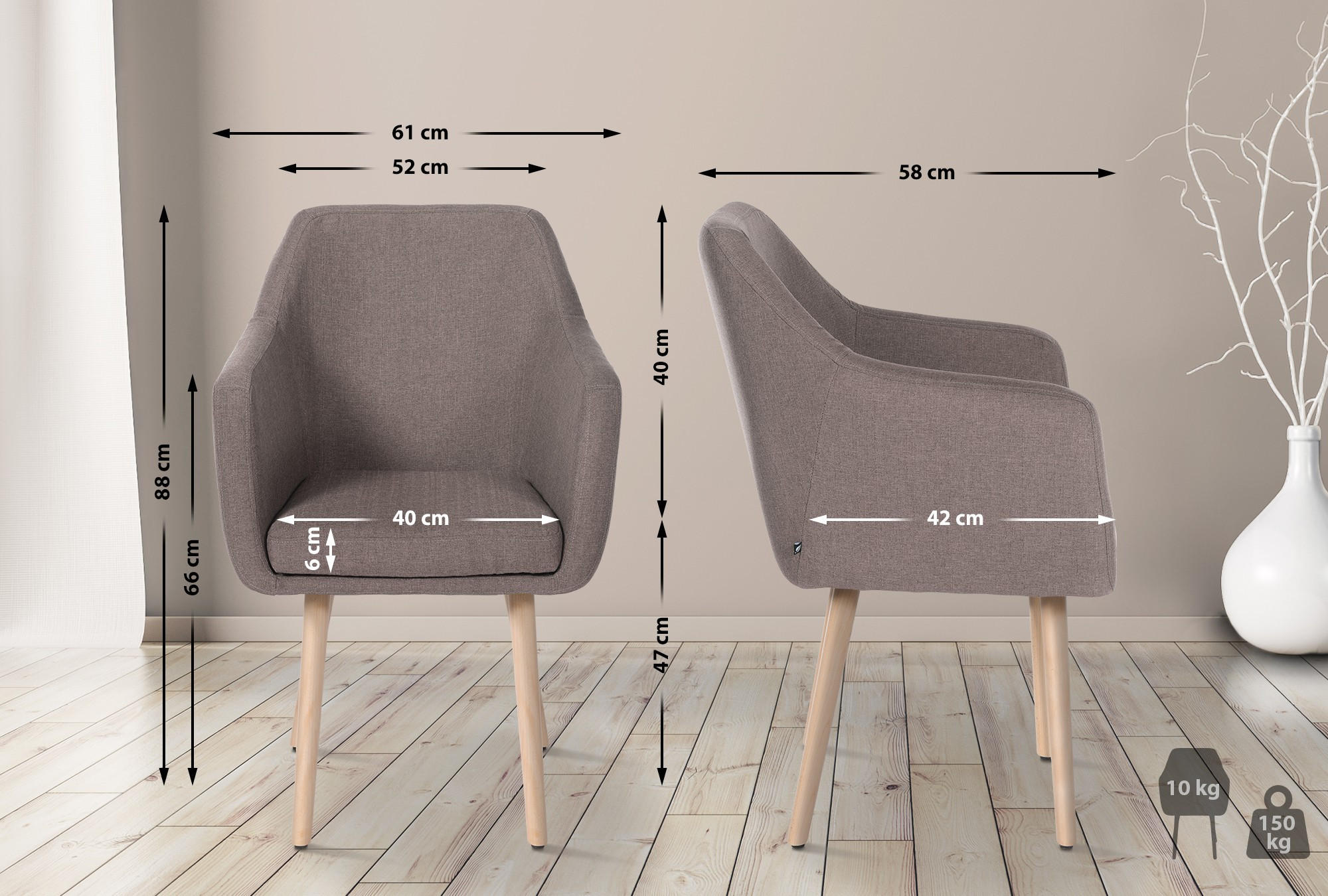 ARMLEHNENSTUHL Stoff taupe - Taupe/Eukalyptusholzfarben, Holz/Textil (61/88/57.5cm) - CLP