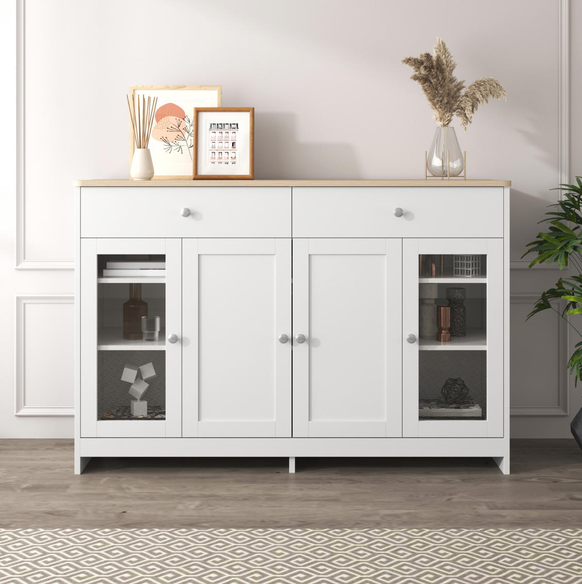 SIDEBOARD 120/37/80 cm weiß und Holzfarbe aus MDF mit 4 Türen und 2 Schubladen - Weiß, Holzwerkstoff (37/80/120cm) - OKWISH