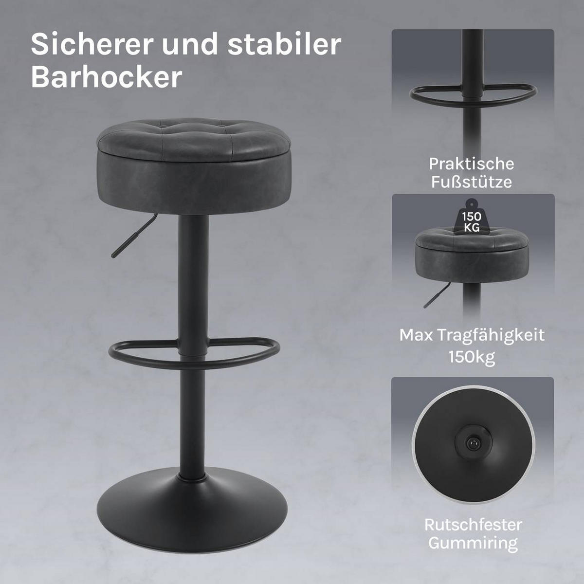 BARHOCKER mit Stauraum, drehbar, Kunstleder, Anthrazit - Anthrazit/Schwarz, Kunststoff/Metall (39/60.5/39cm) - Woltu