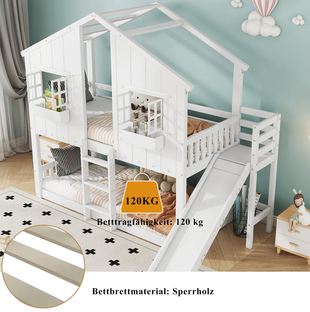 ETAGENBETT aus Kiefer und MDF 90x200 cm Weiß/Natur mit Rutsche, Dach, Fenstern und Fallschutz - Weiß, Holzwerkstoff (90/200cm) - Modfu