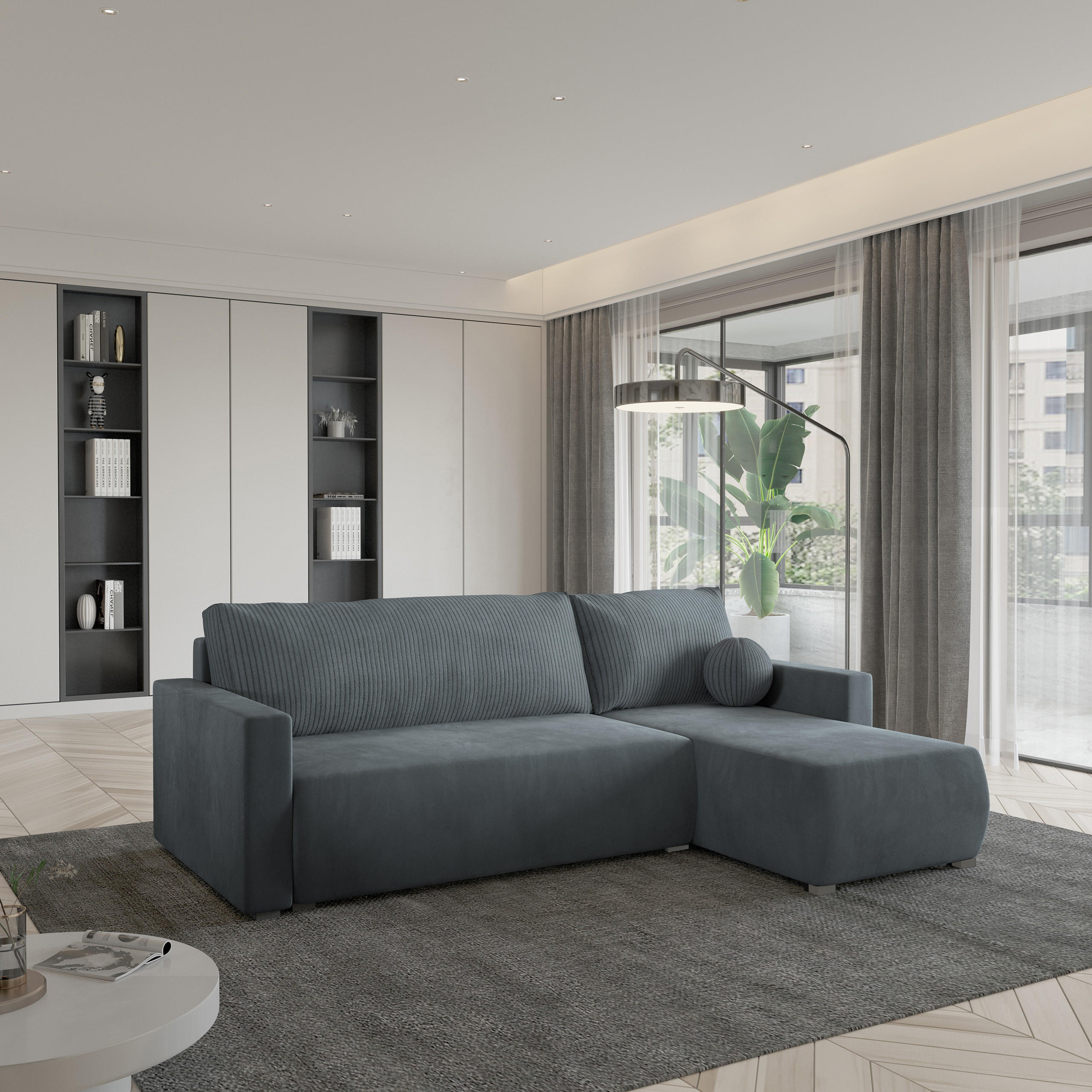 ECKSOFA SORGE Grau Plüsch-Stoff mit Schlaffunktion - Grau, Holz (220/143cm) - MASSENO