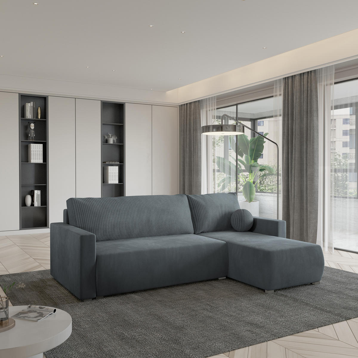 ECKSOFA SORGE Grau Plüsch-Stoff mit Schlaffunktion - Grau, Holz (220/143cm) - MASSENO