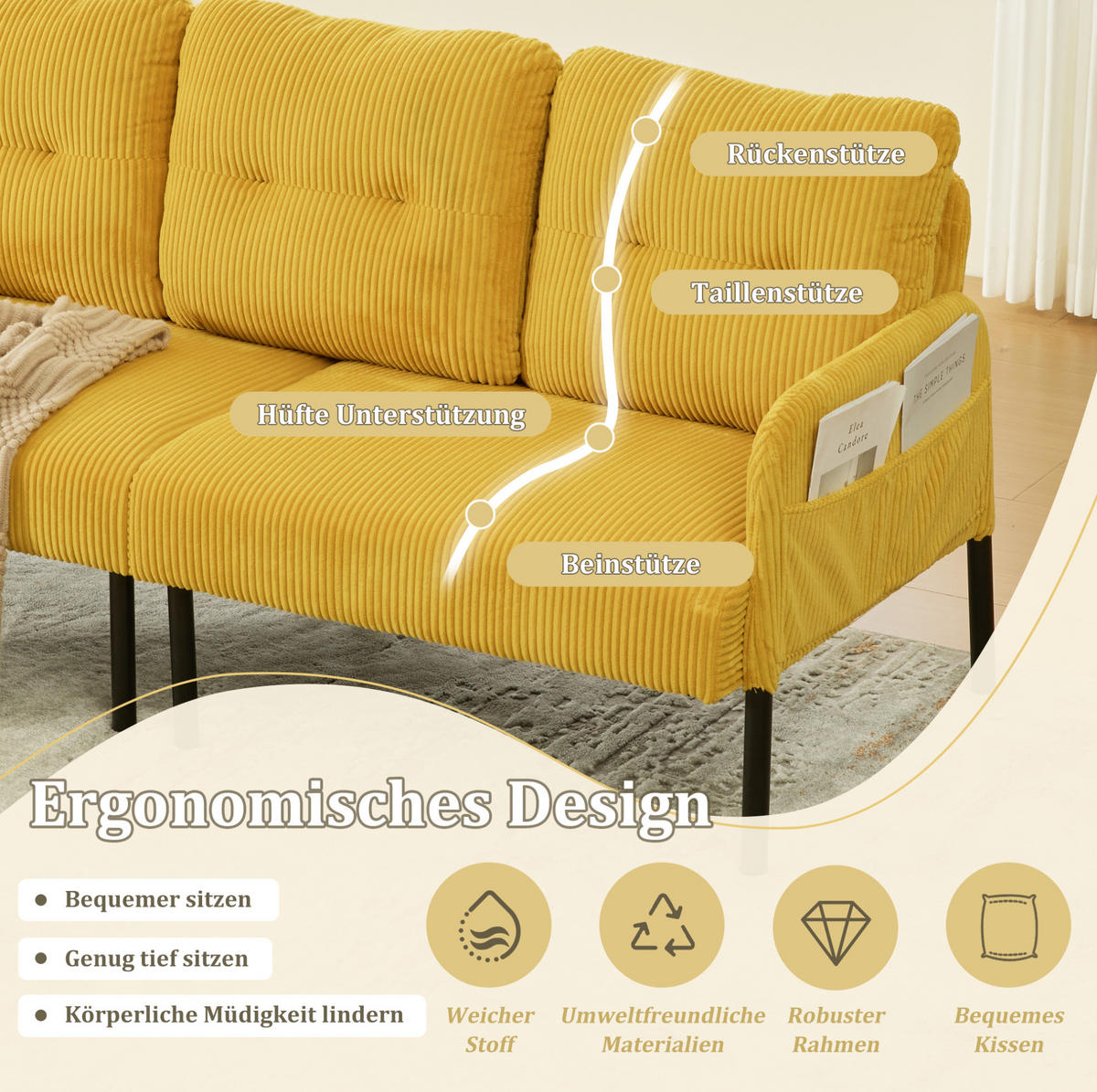 SOFA 3-Sitzer mit Seitentasche 171 x 72 x 80 cm Cord Gelb - Gelb, Textil (171/80/72cm) - IVMEU
