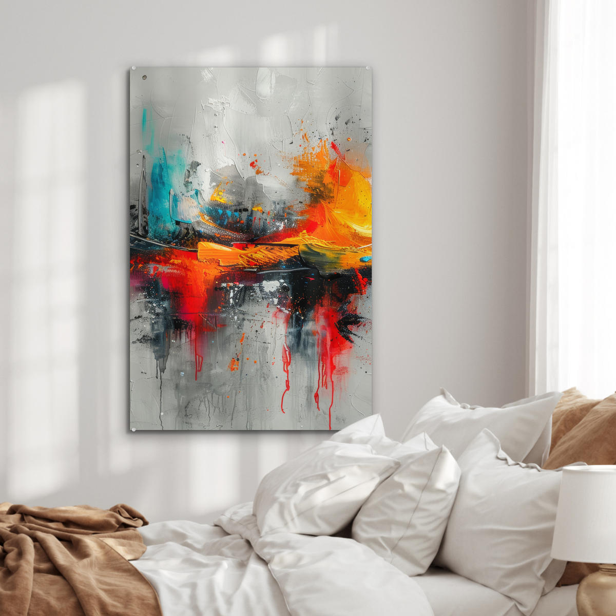 ACRYLGLASBILD Moderne Kunst - Orange - Grau - Abstrakt 60x90 cm - Hellgrau, Glas (60/90cm) - MuchoWow