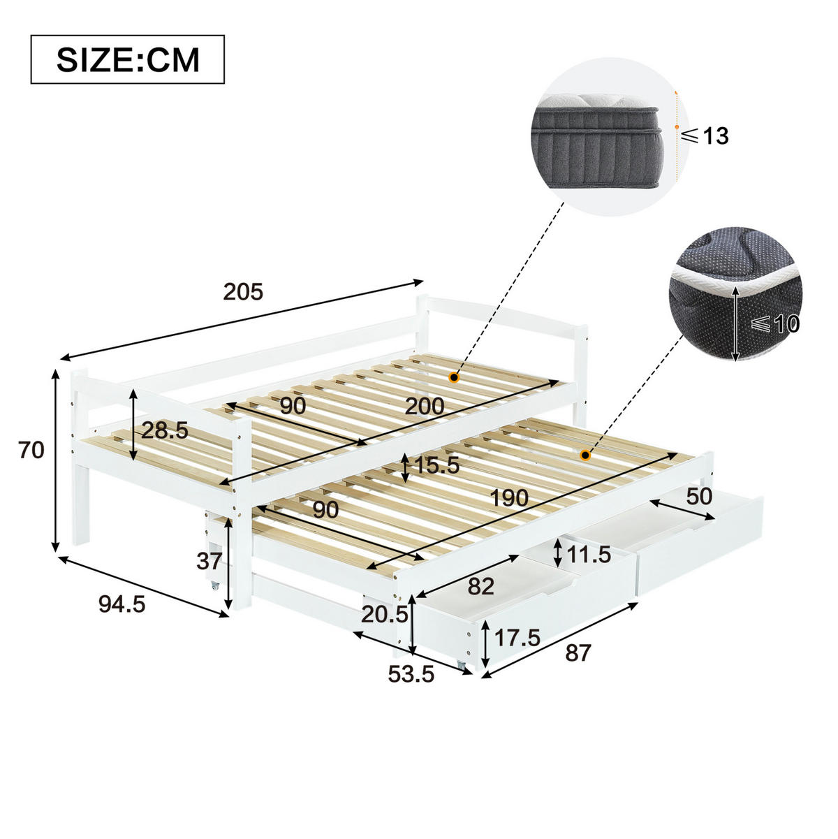 DNEVNI krevet od masivne borovine i MDF-a 90x200 cm bijela s izvlačnim ležajem, 2 ladice i ogradom - bijela, drvni materijal (90/200cm) - Modfu