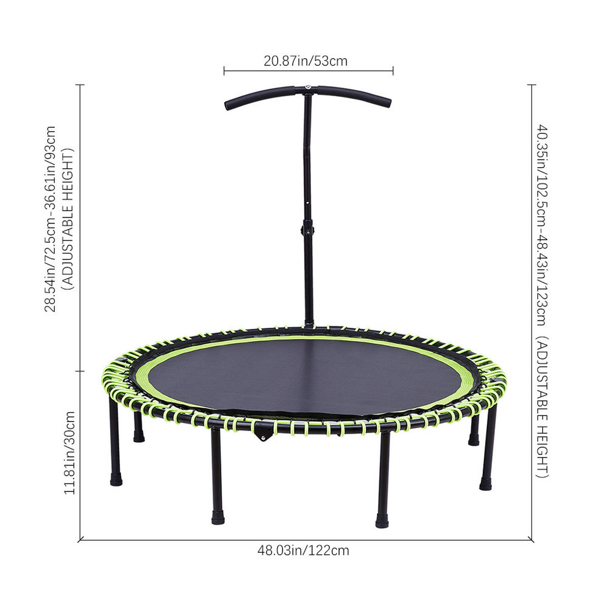 48-ZOLL-RUNDTRAMPOLIN mit Bungee-Seilen und verstellbarem T-Griff Faltbar aus Stahl Oxford-Gewebe Gummiseil in Schwarz Grün 122 x 122 Tx 123 cm - Grün, Metall (122/122cm) - Livingandhome