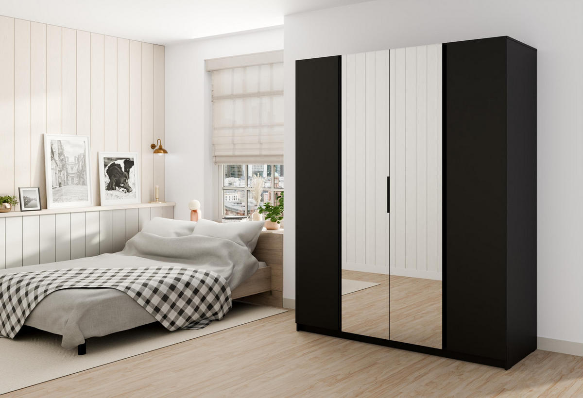 KLEIDERSCHRANK Nehir Schwarz 200 cm - 4T Modern mit 2 Spiegeln mittig - Schwarz, Holzwerkstoff/Kunststoff (200/239/61.9cm) - AX Living