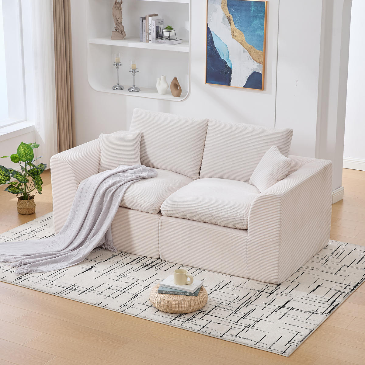 2-SITZER SOFA Cord Beige mit Kissen - Beige, Textil (204/84/102.5cm) - WISHDOR