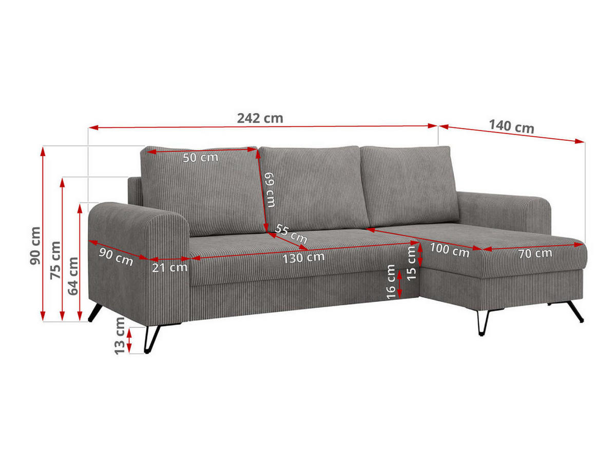 ECKSOFA Hugo Cord Hellgrau - Hellgrau/Schwarz, Textil/Metall (242/140cm) - MKS
