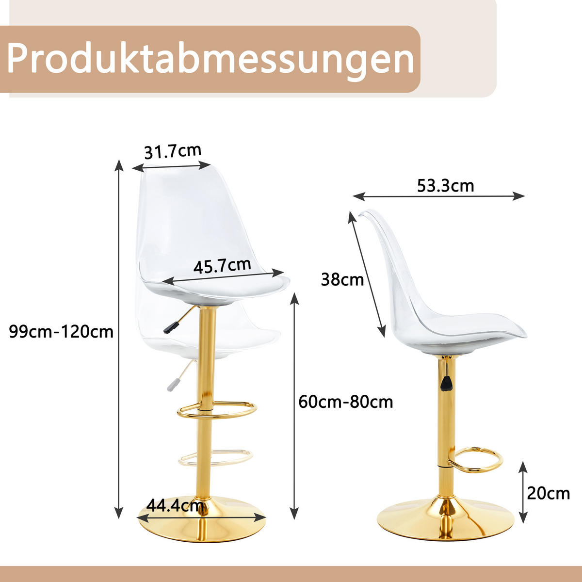 BARHOCKER 2er Set in Transparent & Gold 360° Drehung - Goldfarben, Kunststoff (46/120/53cm) - Urban Meuble