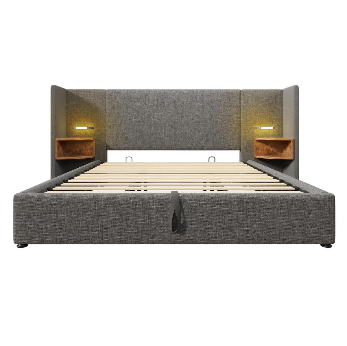 POLNJENA postelja iz lanu 180x200 cm siva z LED/bralno lučko, USB-C polnjenjem in hidravličnim predalom - siva, tekstil (180/200cm) - Modfu