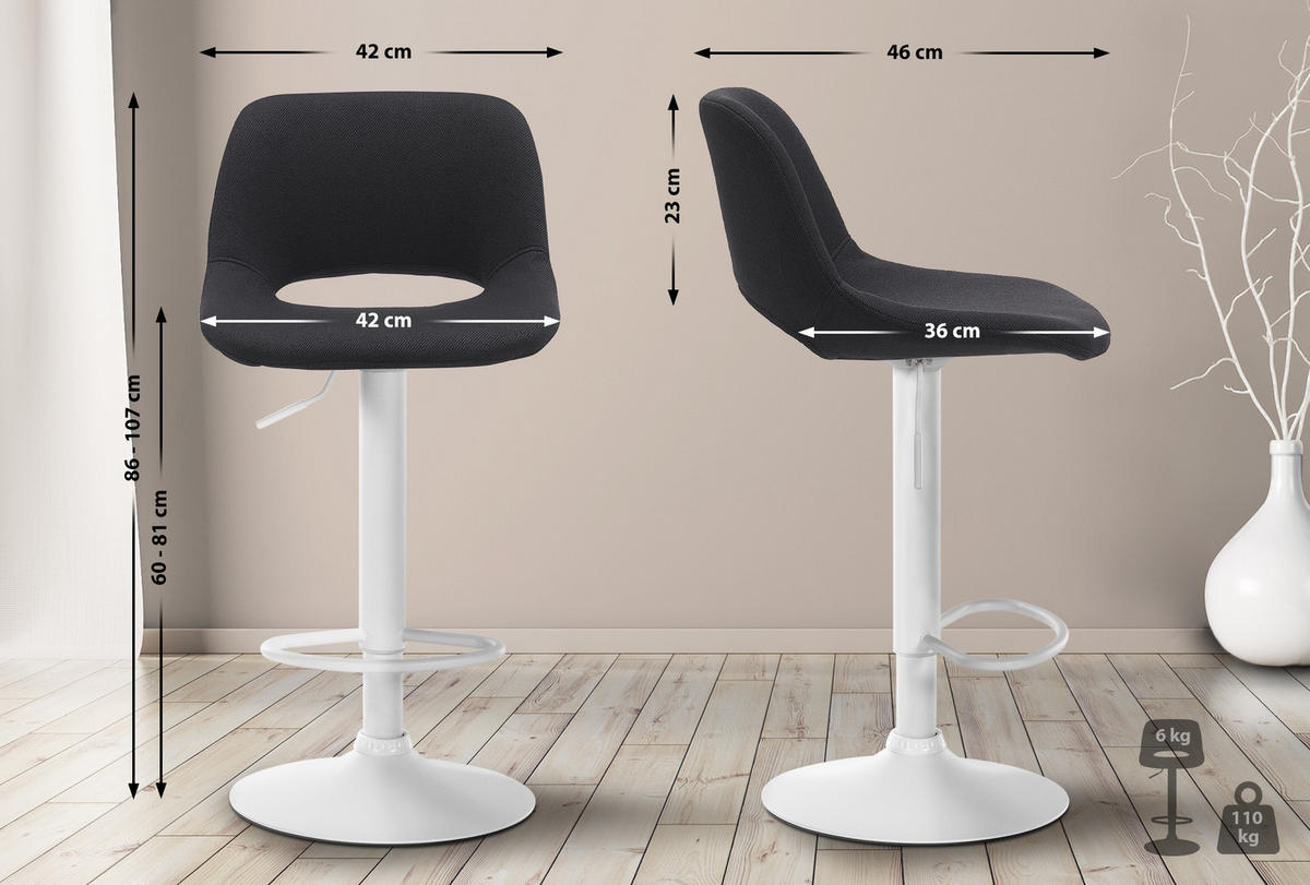 BARHOCKER 2er Set Stoff schwarz - Schwarz/Weiß, Textil/Metall (42/86/46cm) - CLP