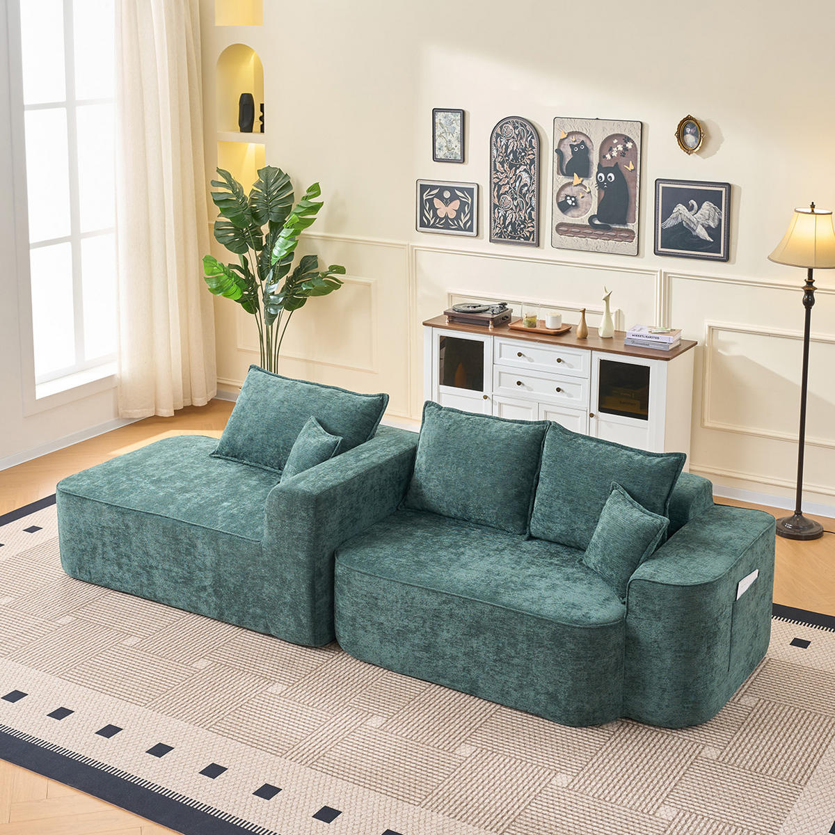 ECKSOFA Chenille Grün mit Seitentaschen - Grün, Holzwerkstoff/Textil (262/144cm) - WISHDOR