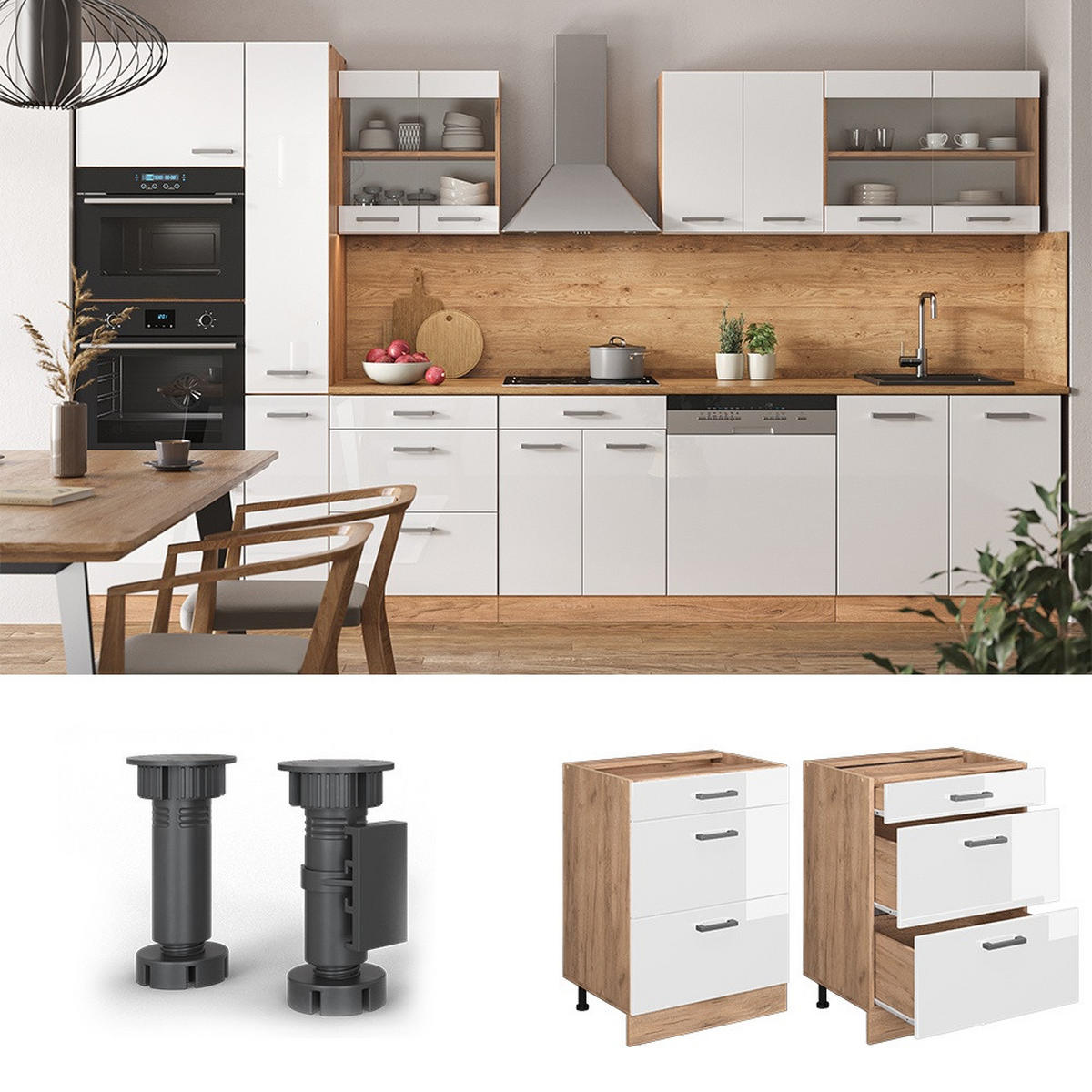 KÜCHENUNTERSCHRANK R-Line Weiß Hochglanz 60 cm mit Schubladen, AP Eiche - Honigeiche/Weiß Hochglanz, Holzwerkstoff (60/81.6/60cm) - Vicco