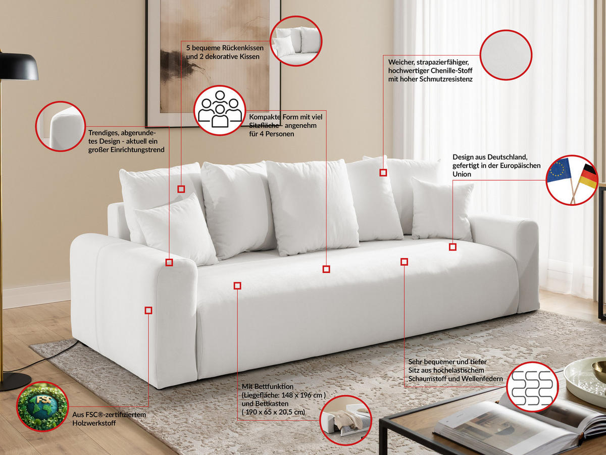 SCHLAFSOFA Calma mit Bettkasten im Bumpy-Design aus weichem Creme Webstoff - Creme/Schwarz, Holz/Kunststoff (239/88/98cm) - S-Style