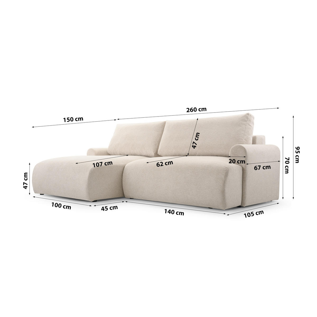 ECKSOFA mit Schlaffunktion Brauel, Creme - Creme, Textil (150/260cm) - Meblito