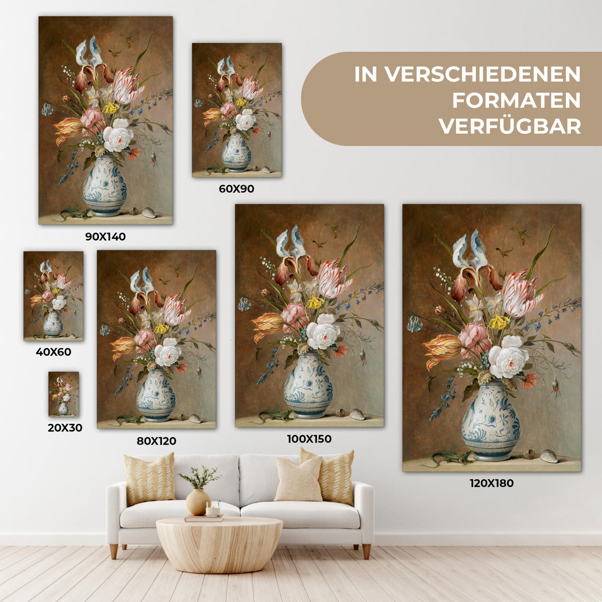 LEINWANDBILD Alte Meister - Blumen - Balthasar van der Ast 90x140 cm - Hellbraun, Textil (90/140cm) - MuchoWow