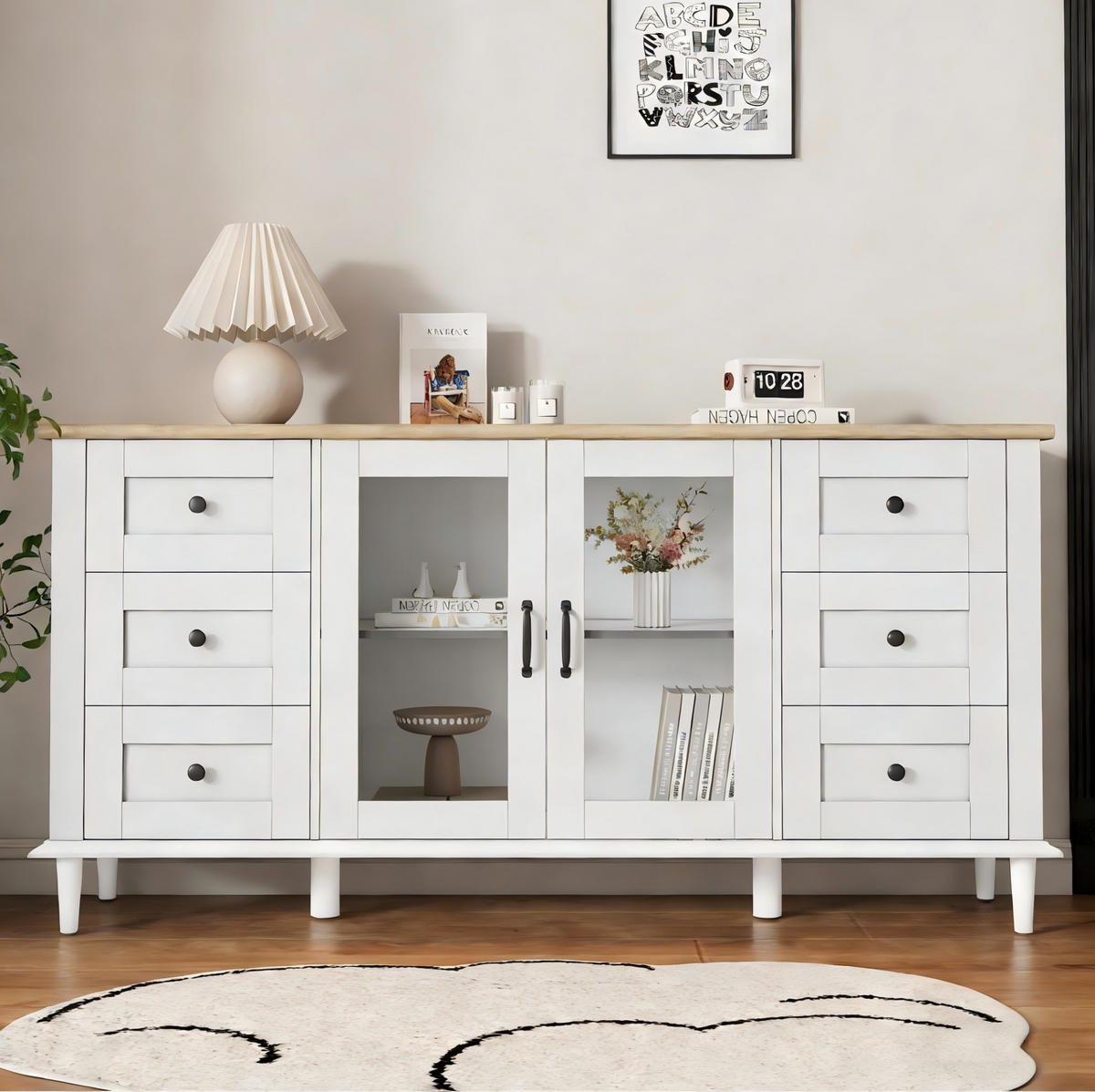 SIDEBOARD in Weiß|Naturfarben Anrichte mit 2 Acryl Türen, 6 Schubladen, LED, Wohn-/Esszimmer, B150/T40/H75cm - Weiß, Holzwerkstoff (150/75/40cm) - STILVORA