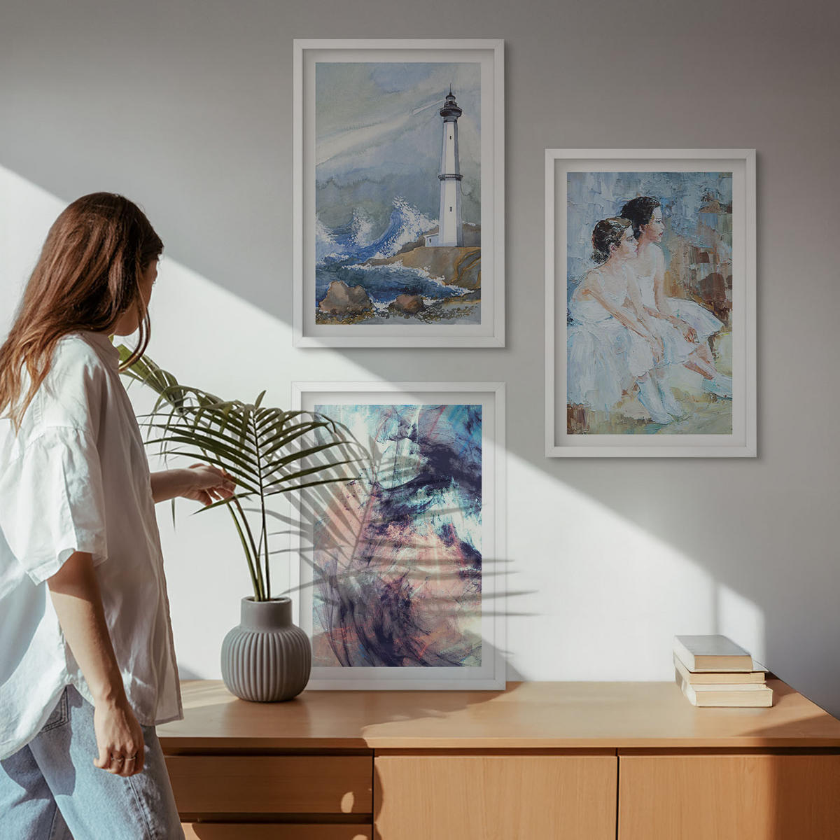 WANDBILDER 3er-Set - 40x60 cm Weißer Rahmen - Leuchtturm-Abstrakte Tänzerin - Weiß, Kunststoff (40/60cm) - ArtPrintCave