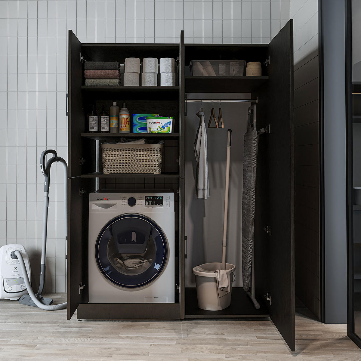 WASCHMASCHINENSCHRANK DORA-II 130cm Breit, 186cm Hoch - Schwarz, Holzwerkstoff (130/186/73.8cm)