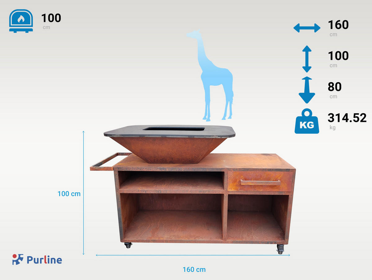 HOLZKOHLEGRILL Feuerschale Braun inkl. Schutzhülle - Braun, Metall (160/100/80cm) - Purline