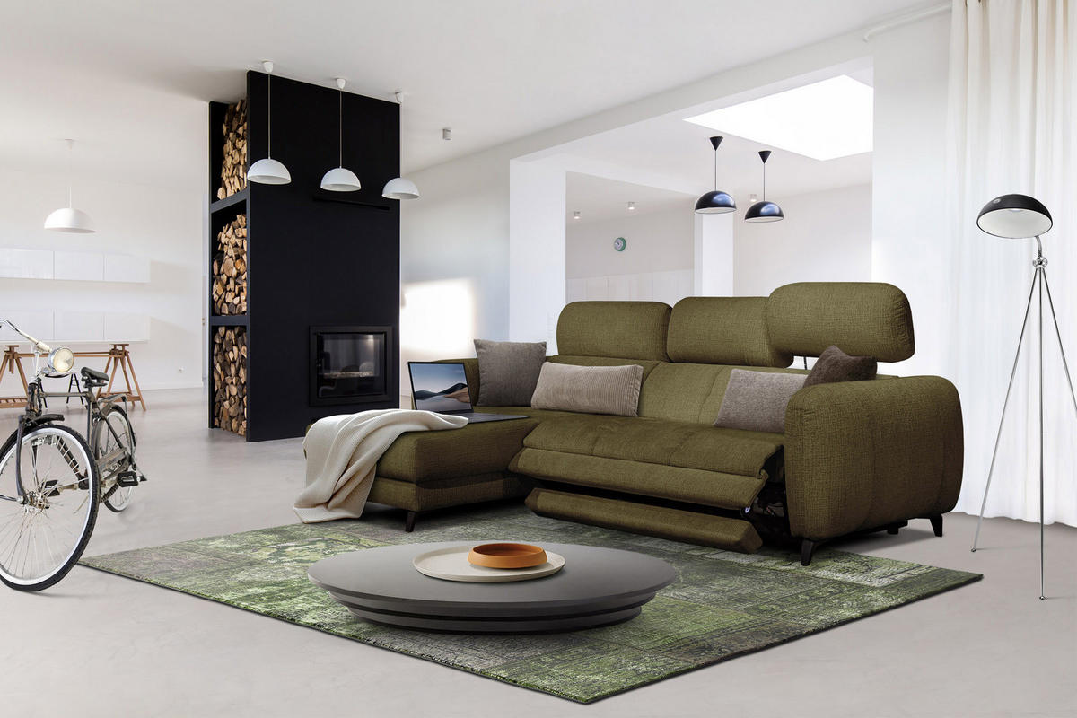 ECKSOFA SVEN 3-Sitzer, 1 Relax XL, verstellbare Kopfstützen, olivgrün - Schwarz/Olivgrün, Holzwerkstoff/Textil (256/163cm) - Courtois Laville