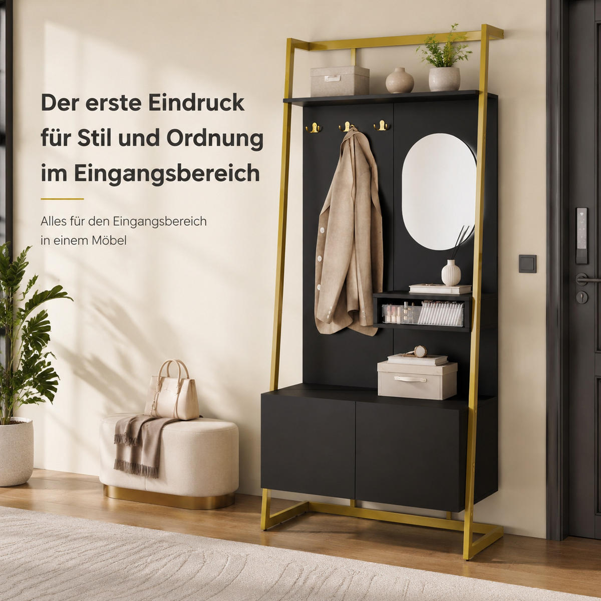 KOMPAKTGARDEROBE 78/38,5/180,5 cm aus Holzwerkstoff und Metall mit Spiegel und Schuhschrank Schwarz - Schwarz, Holzwerkstoff (78/180.5/38.5cm) - Modenvie