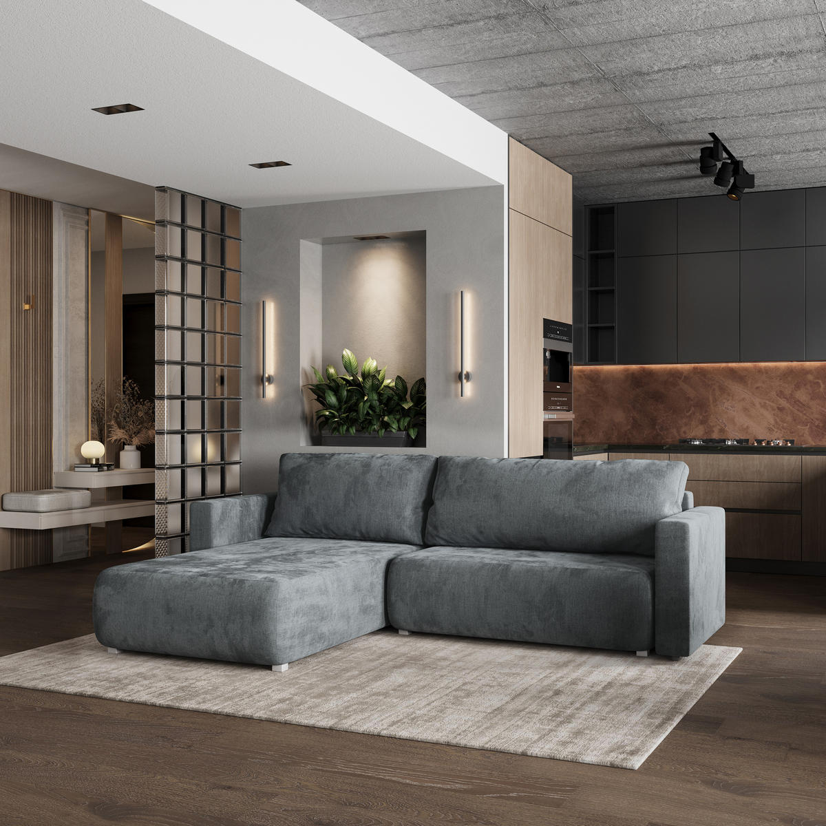 ROHOVÁ SEDAČKA TURIN šedá - šedá, dřevo/textil (265/183cm) - MASSENO