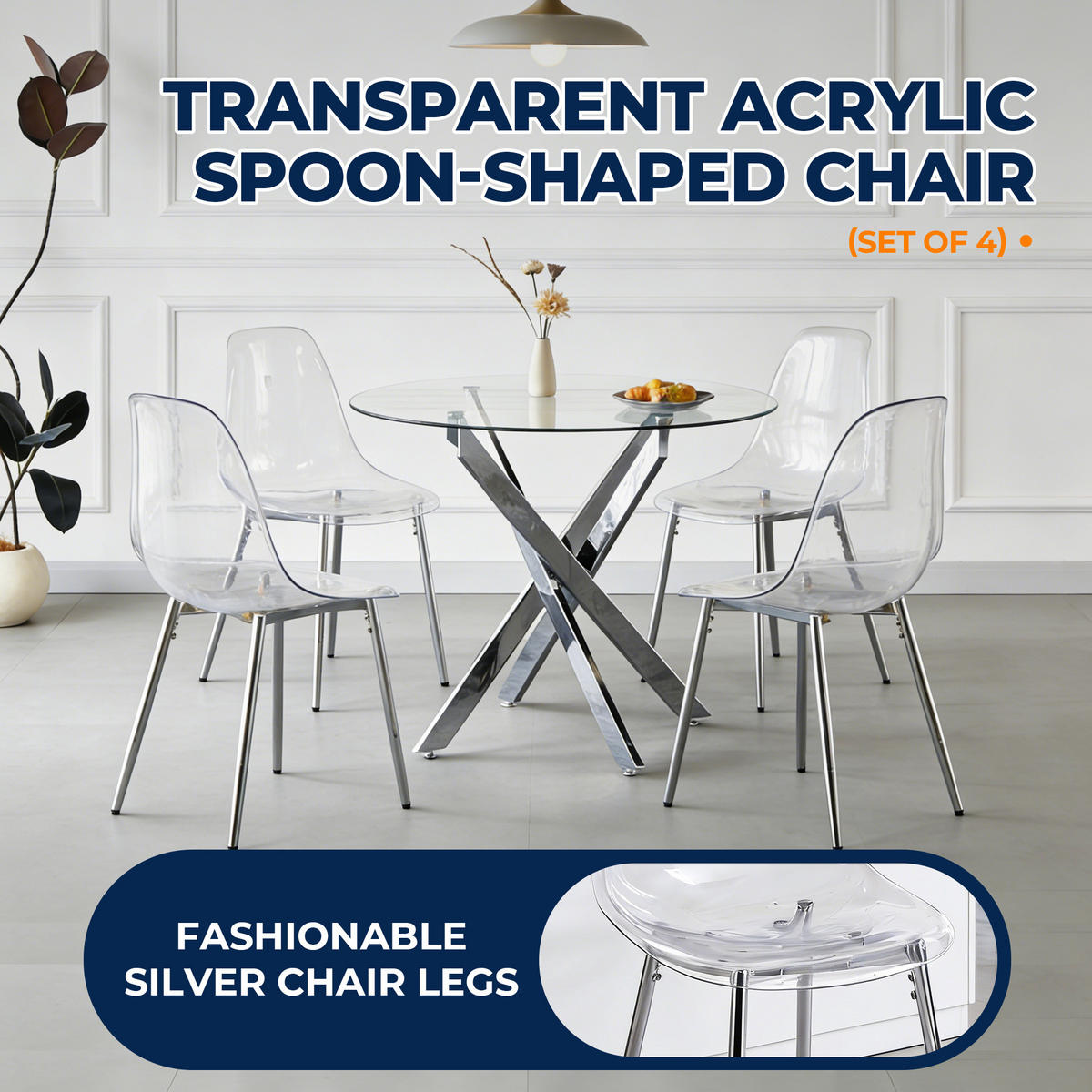 STUHL-SET DE-36421 4 Stück mit Acrylglas-Sitz und Metallbeinen Silber - Silberfarben, Kunststoff (47/81/45cm) - ComfortXL