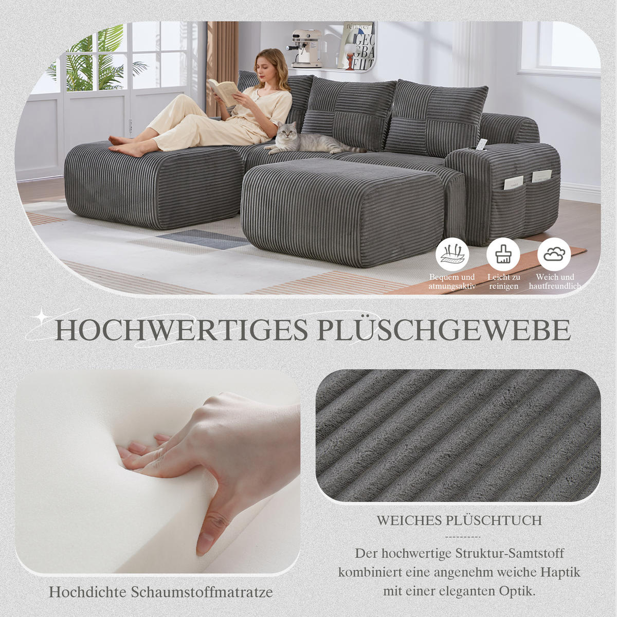 3-SITZER Wohnlandschaft Cord mit Getränkehalter und Seitentasche 268/174/80 cm Dunkelgrau - Dunkelgrau, Textil (174/80/268cm) - Redom