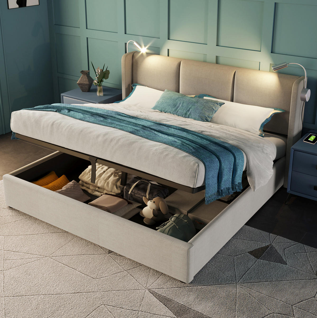 BETT mit Bettkasten 140x200 cm Leinen Beige mit Leselicht und USB - Beige, Metall (140/200cm) - Meubliv