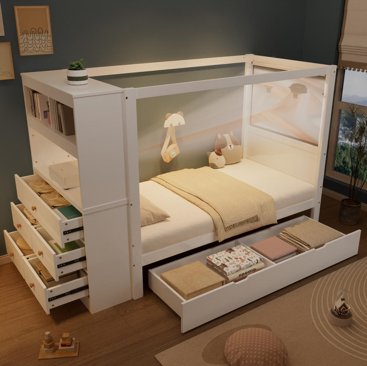 KINDERBETT 90/200 cm in Weiß mit Fallschutz, Stauraum und Himmelstange - Weiß, Holzwerkstoff (90/200cm) - BEAOK