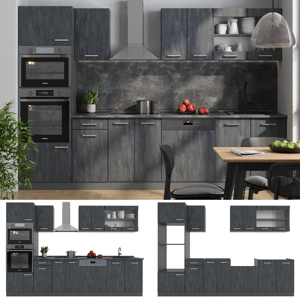 KÜCHENZEILE R-Line Schwarz Beton/Anthrazit 300 cm ohne AP - Anthrazit/Schwarz, Holzwerkstoff (300/81.6/46cm) - Vicco