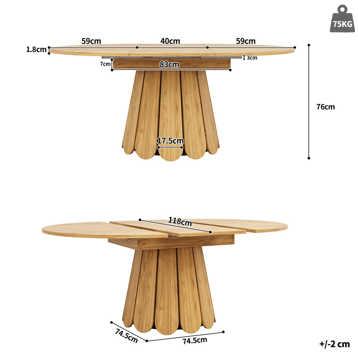 ESSTISCH 118/118/76,8 cm Naturholz Optik ausziehbar auf 158 cm aus MDF mit Stauraum für Einlegeplatte - Naturfarben, Holzwerkstoff (158/118/76cm) - OKWISH