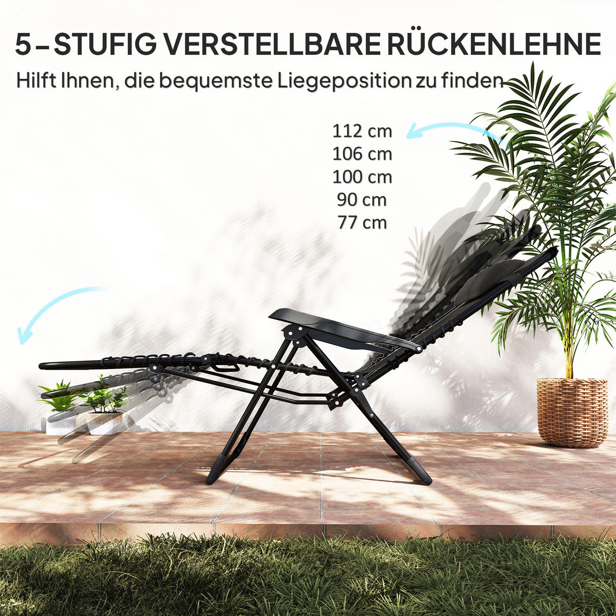 SONNENLIEGE klappbar Gartenliege mit Kopfkissen, Liegestuhl Campingliege Schwarz - Schwarz, Metall (65/112/90cm) - Outsunny