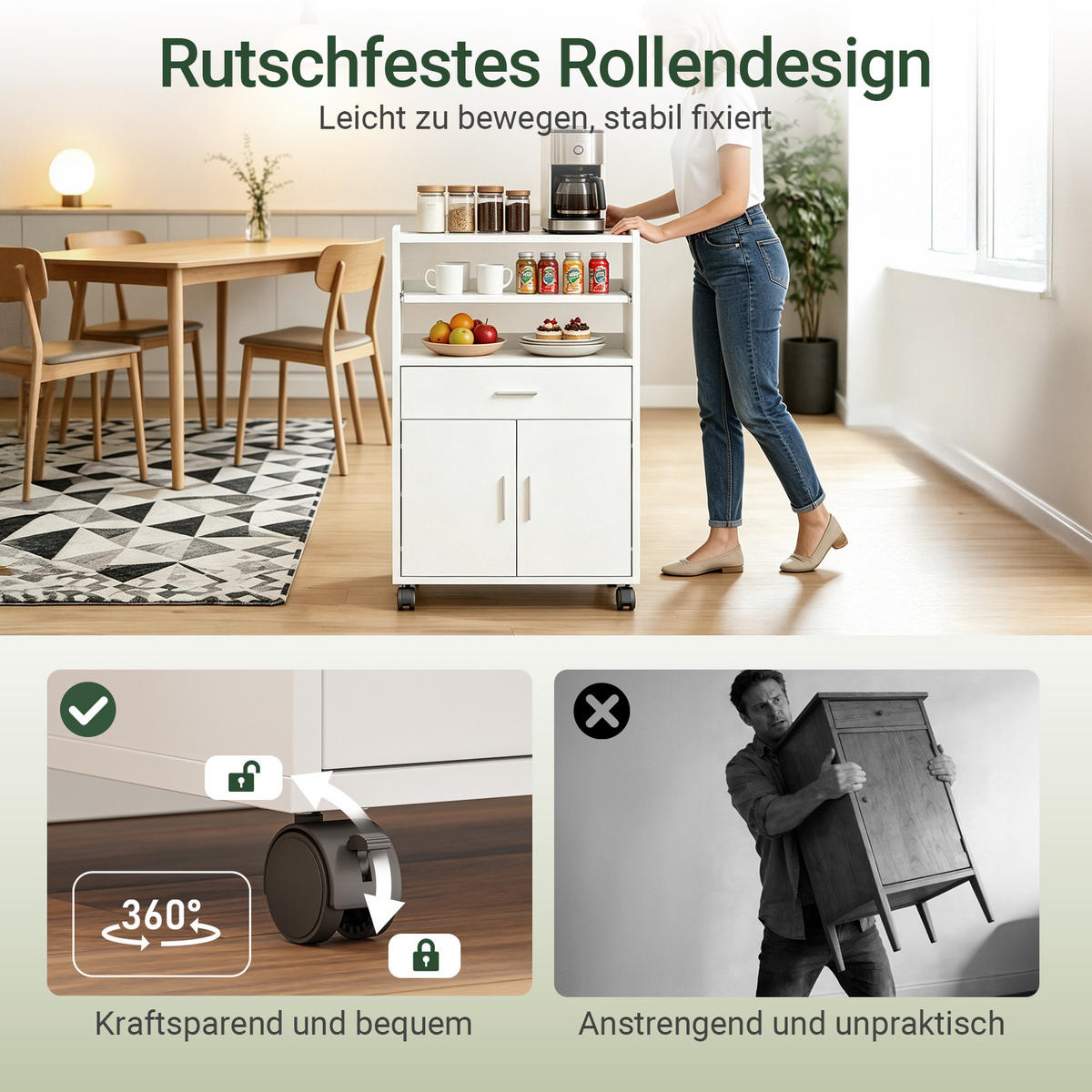 KÜCHENWAGEN mit Arbeitsplatte, Weiß, Mikrowellenschrank mit 4-in-1-Ladestation, 61,5 x 92 x 40 cm, Rollen (2 feststellbar) oder Standfüße, PB/MDF - Weiß, Holzwerkstoff (59/92/40cm) - SoBuy