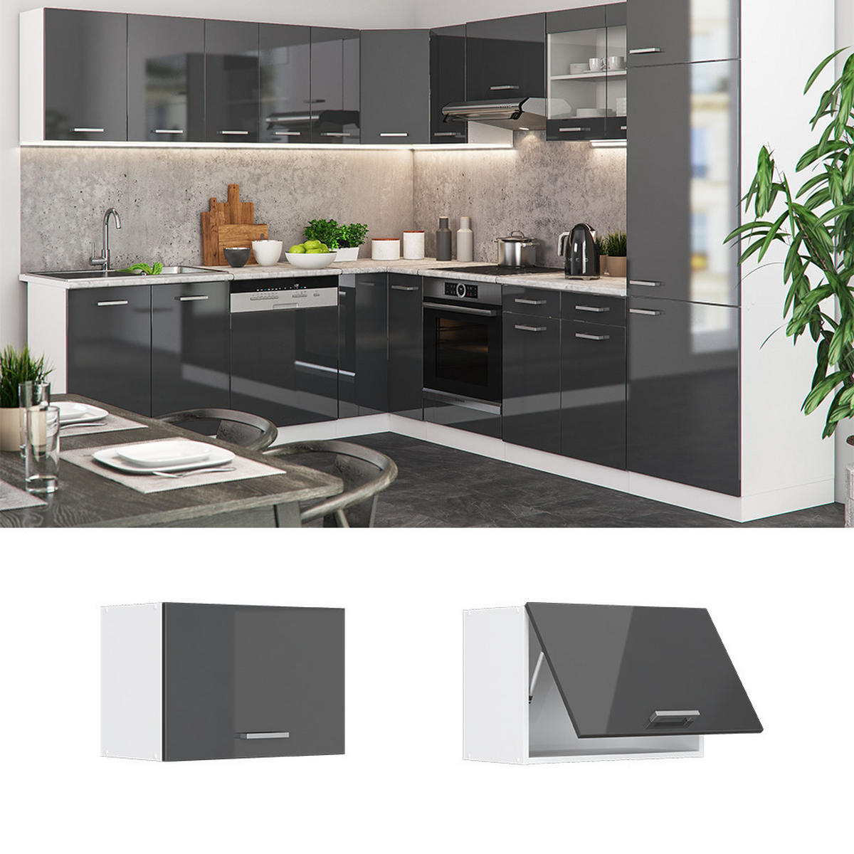 HÄNGESCHRANK R-Line Anthrazit Hochglanz 60 cm Flach - Schwarz Hochglanz/Anthrazit, Holzwerkstoff (60/40/31cm) - Vicco