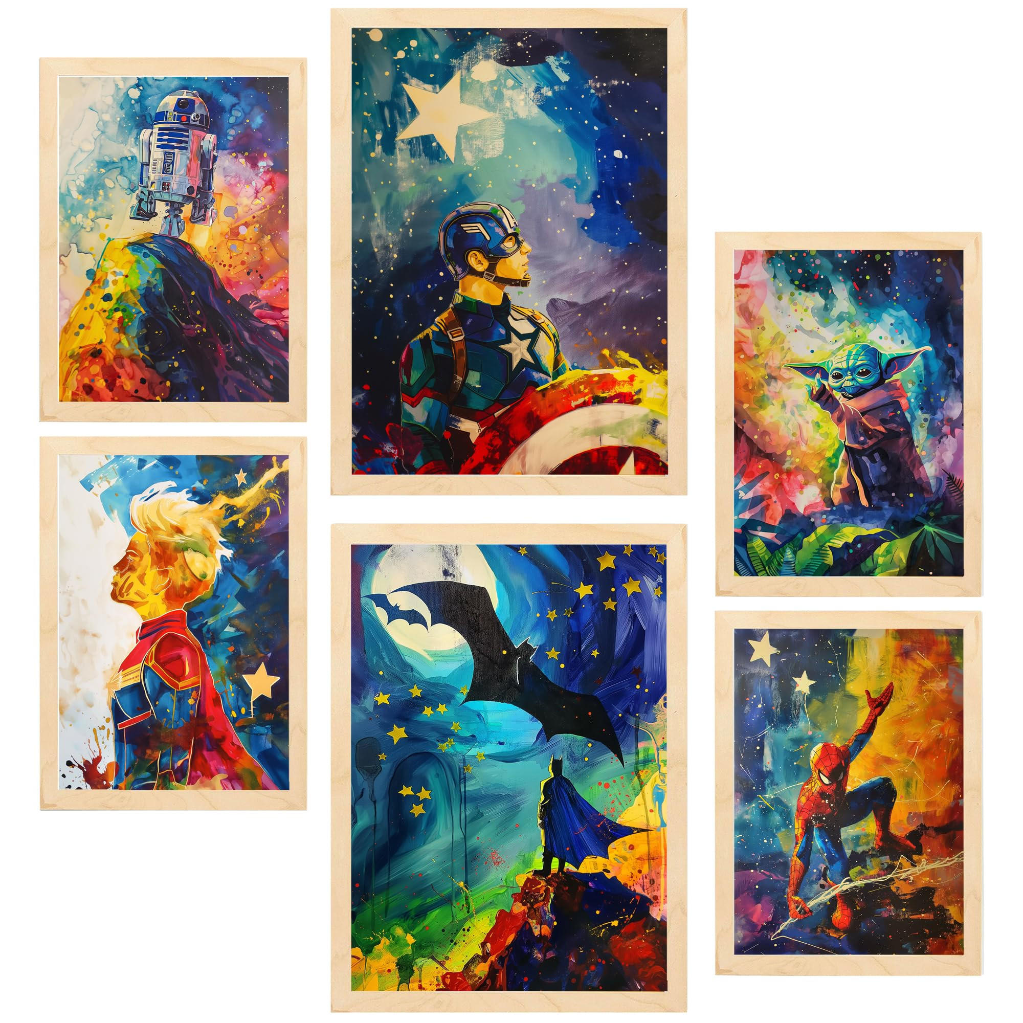 POSTER Set Mit 6 Superhelden A3 & A4 Rahmen Aus Hellem Holz - Beige, Papier (29/3cm) - Nacnic
