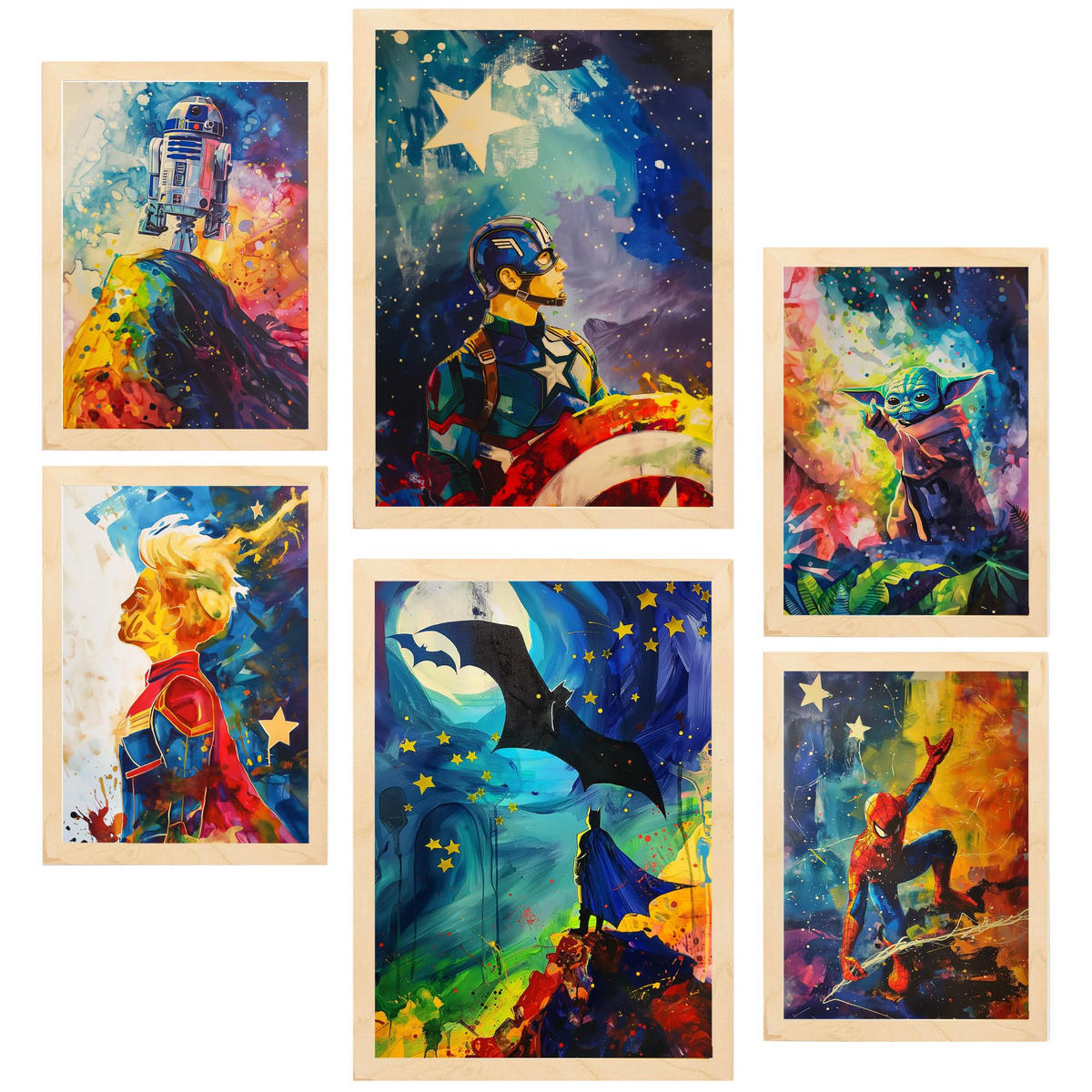 POSTER Set Mit 6 Superhelden A3 & A4 Rahmen Aus Hellem Holz - Beige, Papier (29/3cm) - Nacnic