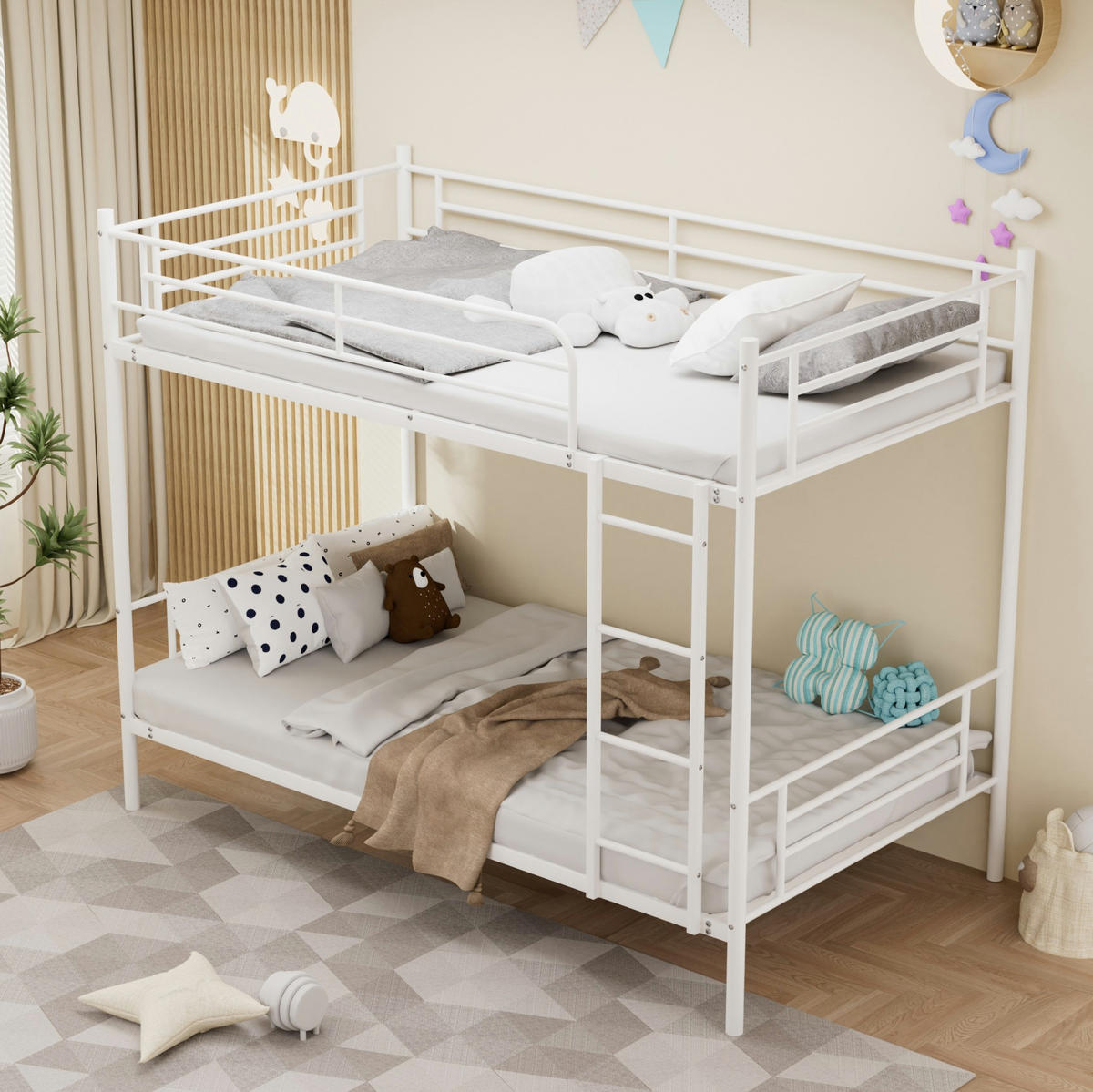ETAGENBETT Stahl 90x190 cm Weiß mit Leiter und Absturzsicherung - Weiß, Metall (90/190cm) - Modfu