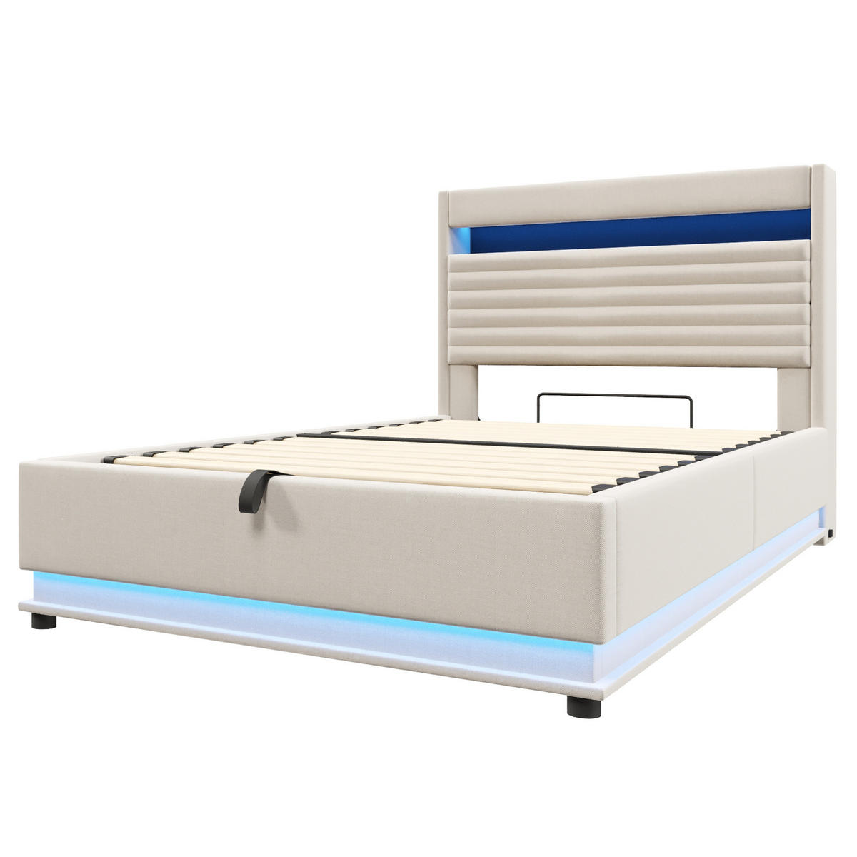POLSTERBETT 140/200 cm mit LED-Beleuchtung, USB- und Typ-C-Anschluss, hydraulischem Stauraum und Leinenbezug, Beige - Beige, Textil (140/200cm) - Redom