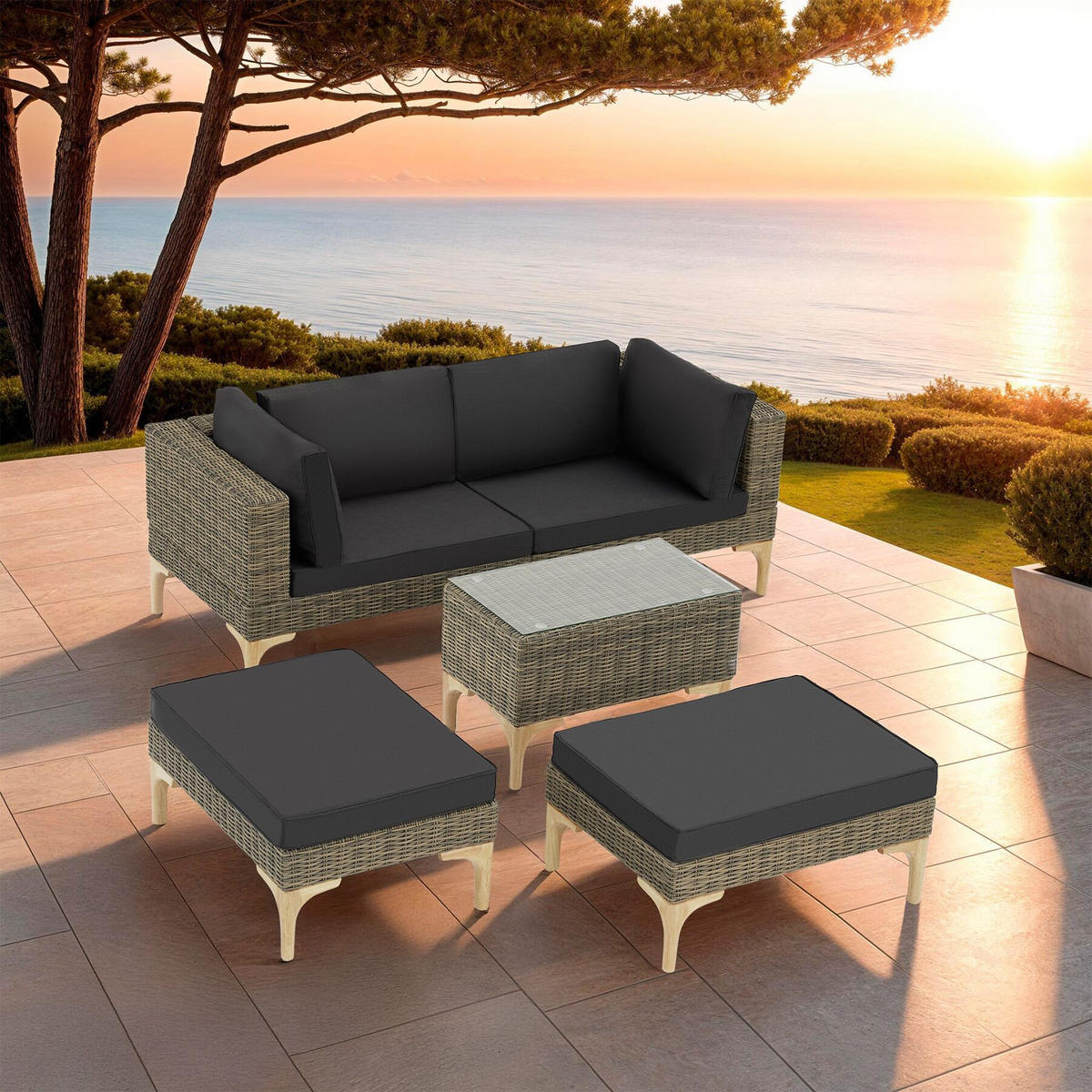 RATTANLOUNGE Bellaria,mit Sicherheitsglasplatte,natur - Naturfarben, Kunststoff/Metall - tectake