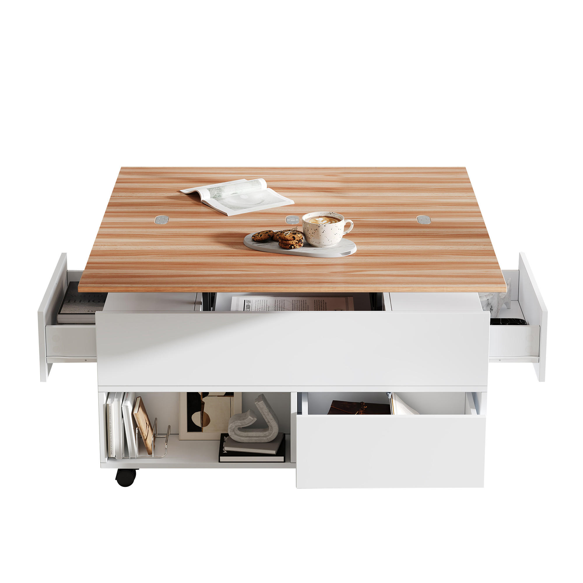 COUCHTISCH ausziehbar mit Rollen Weiß Holz 4 Schubladen Spanplatte multifunktional 100 cm modern - Schwarz/Weiß, Holzwerkstoff (100/50/52cm) - EVRYAE