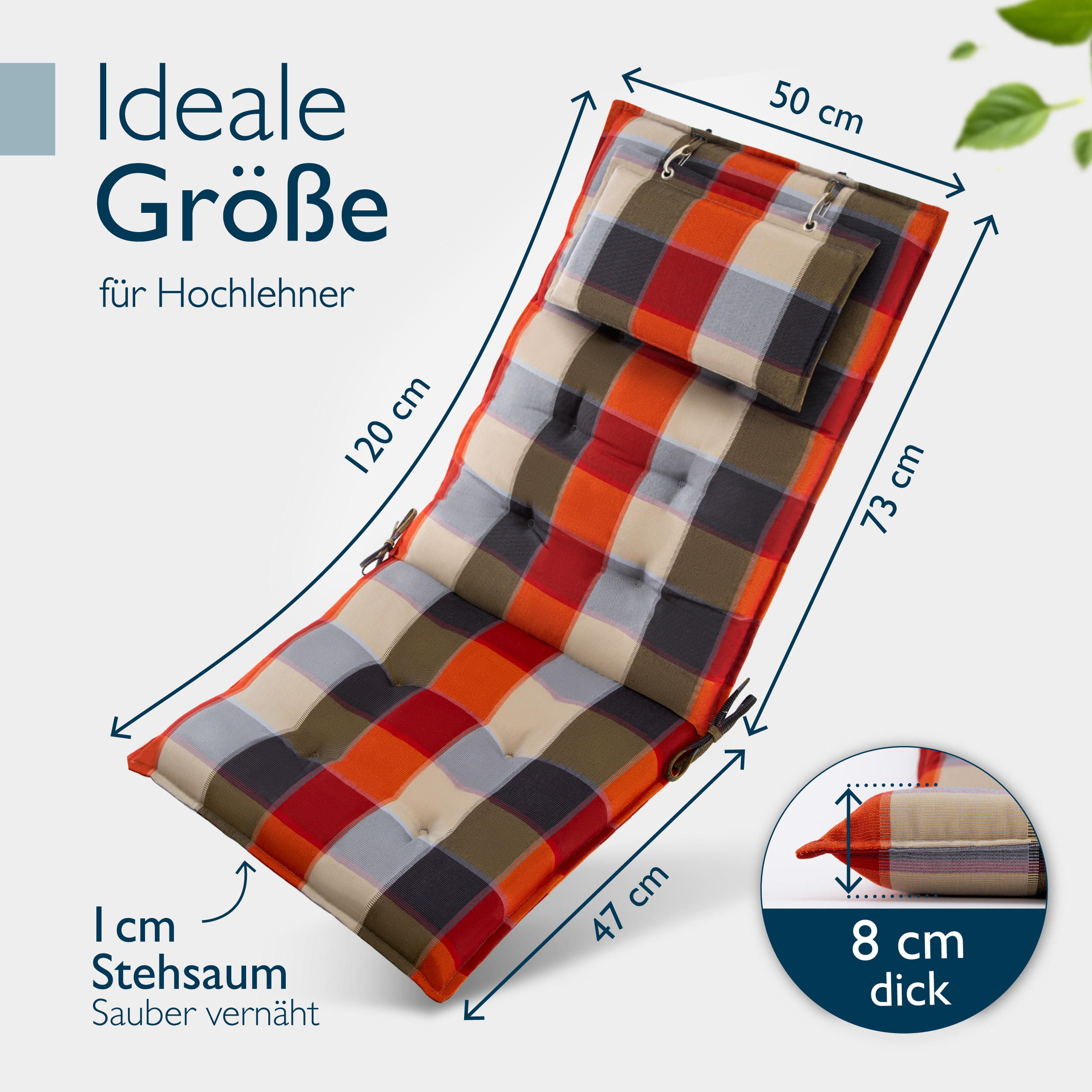 HOCHLEHNERAUFLAGE Sun-HL 119/50/8cm Orange-Beige-Kariert - Multicolor, Textil (50/8/119cm) - Beautissu 