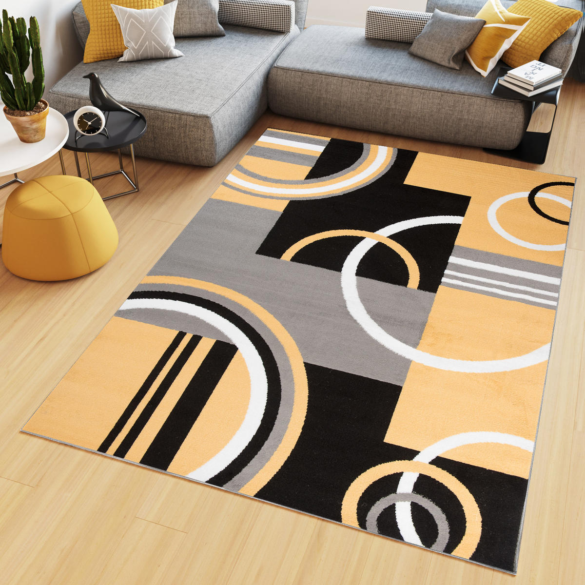 TEPPICH MAYA Gelb Geometrisch Kreise Vierecke 200/300 cm - Gelb, Textil (200/300cm) - Tapiso