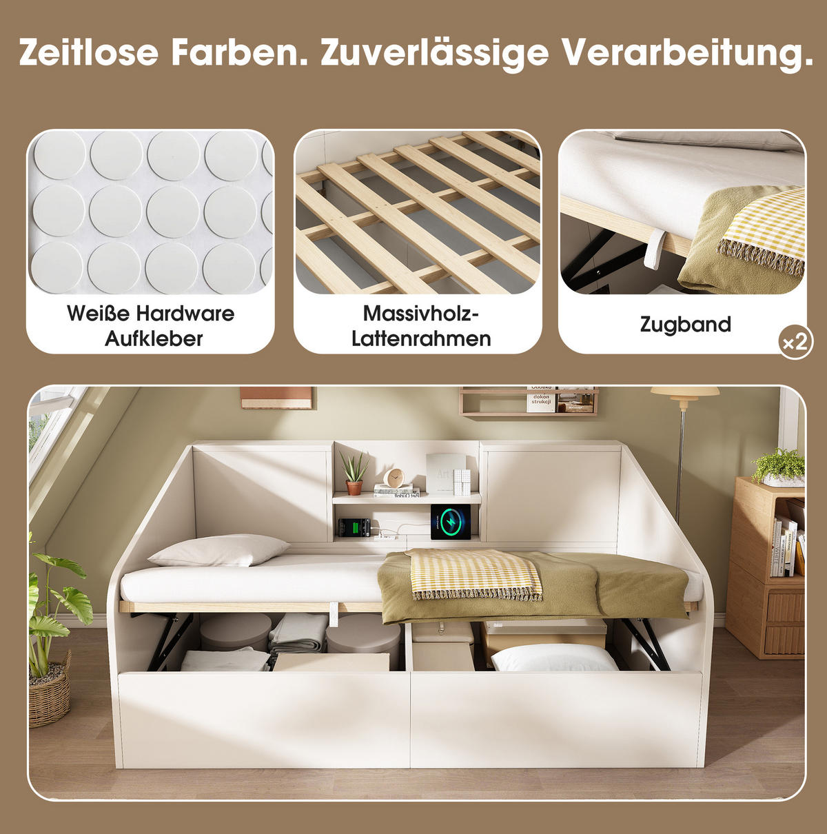 HOLZ-TAGESBETT 90/200 cm mit Bettkasten, USB/Type-C und Lattenrost - Weiß, Textil (90/200cm) - BEAOK